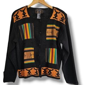 Vintage N8tive Nits Cardigan Sweater Womens Size M Black Gold‎ African Pattern